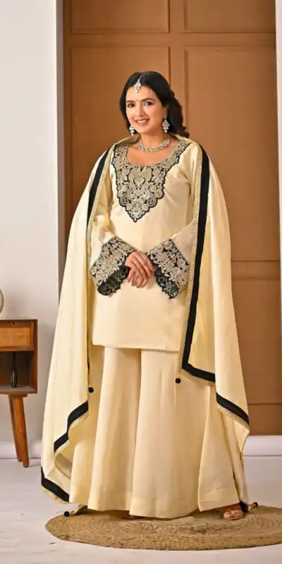 MD 3079 Cream Color Roman Silk Salwar Suit with Embroidery Work. Available at ₹2499 only. Delivery 4-6 Working Days. Shop now. | Jump Suits, Straight Suits, Casual Suits, Creative suits, Palazzo Suits, Party Wear Suits, Patiala Suits, Salwar suit