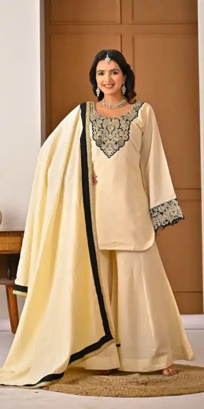 MD 3079 Cream Color Roman Silk Salwar Suit with Embroidery Work. Available at ₹2499 only. Delivery 4-6 Working Days. Shop now. | Jump Suits, Straight Suits, Casual Suits, Creative suits, Palazzo Suits, Party Wear Suits, Patiala Suits, Salwar suit