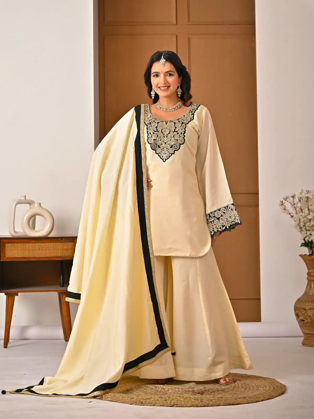 MD 3079 Cream Color Roman Silk Salwar Suit with Embroidery Work. Available at ₹2499 only. Delivery 4-6 Working Days. Shop now. | Jump Suits, Straight Suits, Casual Suits, Creative suits, Palazzo Suits, Party Wear Suits, Patiala Suits, Salwar suit