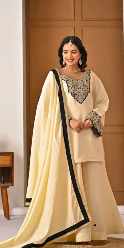 MD 3079 Cream Color Roman Silk Salwar Suit with Embroidery Work. Available at ₹2499 only. Delivery 4-6 Working Days. Shop now. | Jump Suits, Straight Suits, Casual Suits, Creative suits, Palazzo Suits, Party Wear Suits, Patiala Suits, Salwar suit