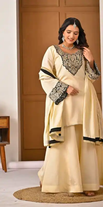 MD 3079 Cream Color Roman Silk Salwar Suit with Embroidery Work. Available at ₹2499 only. Delivery 4-6 Working Days. Shop now. | Jump Suits, Straight Suits, Casual Suits, Creative suits, Palazzo Suits, Party Wear Suits, Patiala Suits, Salwar suit