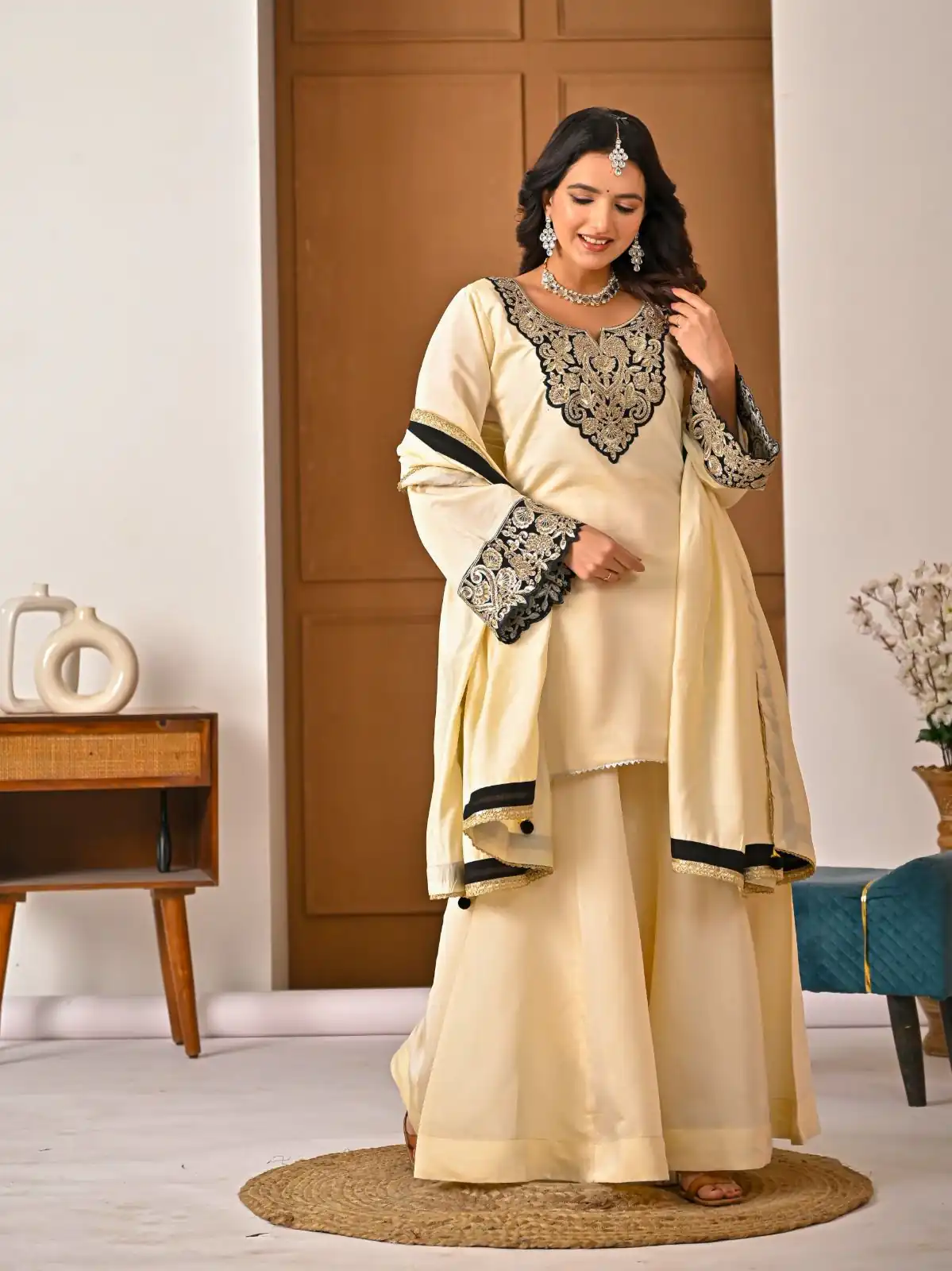MD 3079 Cream Color Roman Silk Salwar Suit with Embroidery Work. Available at ₹2499 only. Delivery 4-6 Working Days. Shop now. | Jump Suits, Straight Suits, Casual Suits, Creative suits, Palazzo Suits, Party Wear Suits, Patiala Suits, Salwar suit