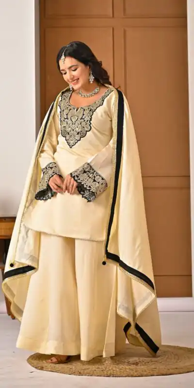 MD 3079 Cream Color Roman Silk Salwar Suit with Embroidery Work. Available at ₹2499 only. Delivery 4-6 Working Days. Shop now. | Jump Suits, Straight Suits, Casual Suits, Creative suits, Palazzo Suits, Party Wear Suits, Patiala Suits, Salwar suit