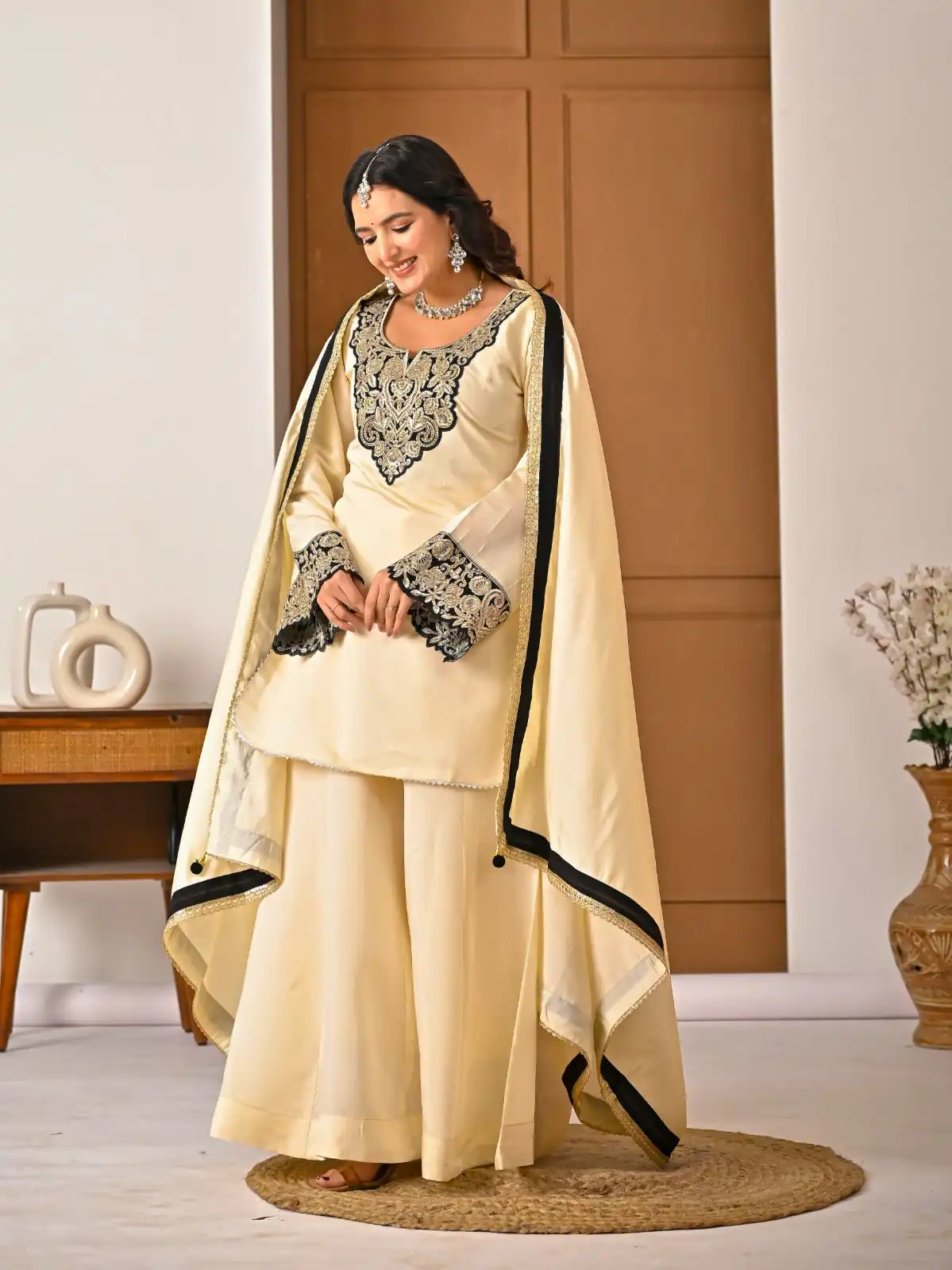 MD 3079 Cream Color Roman Silk Salwar Suit with Embroidery Work. Available at ₹2499 only. Delivery 4-6 Working Days. Shop now. | Jump Suits, Straight Suits, Casual Suits, Creative suits, Palazzo Suits, Party Wear Suits, Patiala Suits, Salwar suit