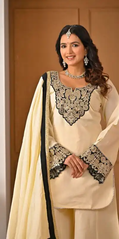 MD 3079 Cream Color Roman Silk Salwar Suit with Embroidery Work. Available at ₹2499 only. Delivery 4-6 Working Days. Shop now. | Jump Suits, Straight Suits, Casual Suits, Creative suits, Palazzo Suits, Party Wear Suits, Patiala Suits, Salwar suit