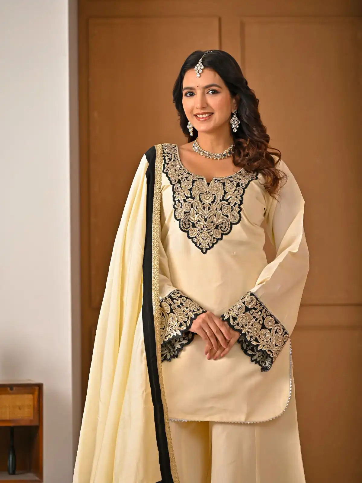 MD 3079 Cream Color Roman Silk Salwar Suit with Embroidery Work. Available at ₹2499 only. Delivery 4-6 Working Days. Shop now. | Jump Suits, Straight Suits, Casual Suits, Creative suits, Palazzo Suits, Party Wear Suits, Patiala Suits, Salwar suit