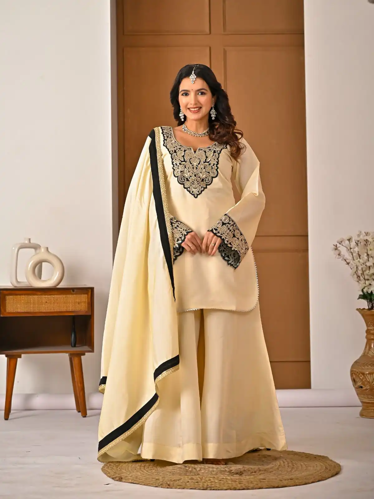 MD 3079 Cream Color Roman Silk Salwar Suit with Embroidery Work. Available at ₹2499 only. Delivery 4-6 Working Days. Shop now. | Jump Suits, Straight Suits, Casual Suits, Creative suits, Palazzo Suits, Party Wear Suits, Patiala Suits, Salwar suit