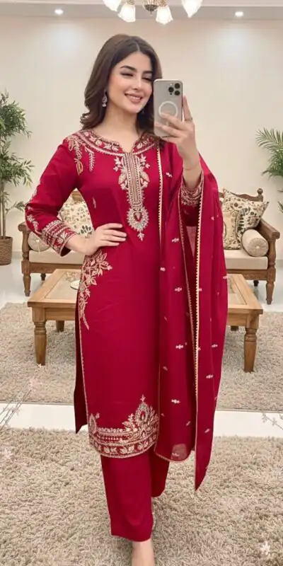 MT 1066 Red Color Roman Silk Salwar Suit with Embroidery Work. Available at ₹2049 only. Delivery 4-6 Working Days. Shop now. | Jump Suits, Straight Suits, Casual Suits, Creative suits, Designer Suits, Palazzo Suits, Party Wear Suits, Patiala Suits, Salwar suit