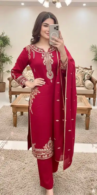 MT 1066 Red Color Roman Silk Salwar Suit with Embroidery Work. Available at ₹2049 only. Delivery 4-6 Working Days. Shop now. | Jump Suits, Straight Suits, Casual Suits, Creative suits, Designer Suits, Palazzo Suits, Party Wear Suits, Patiala Suits, Salwar suit