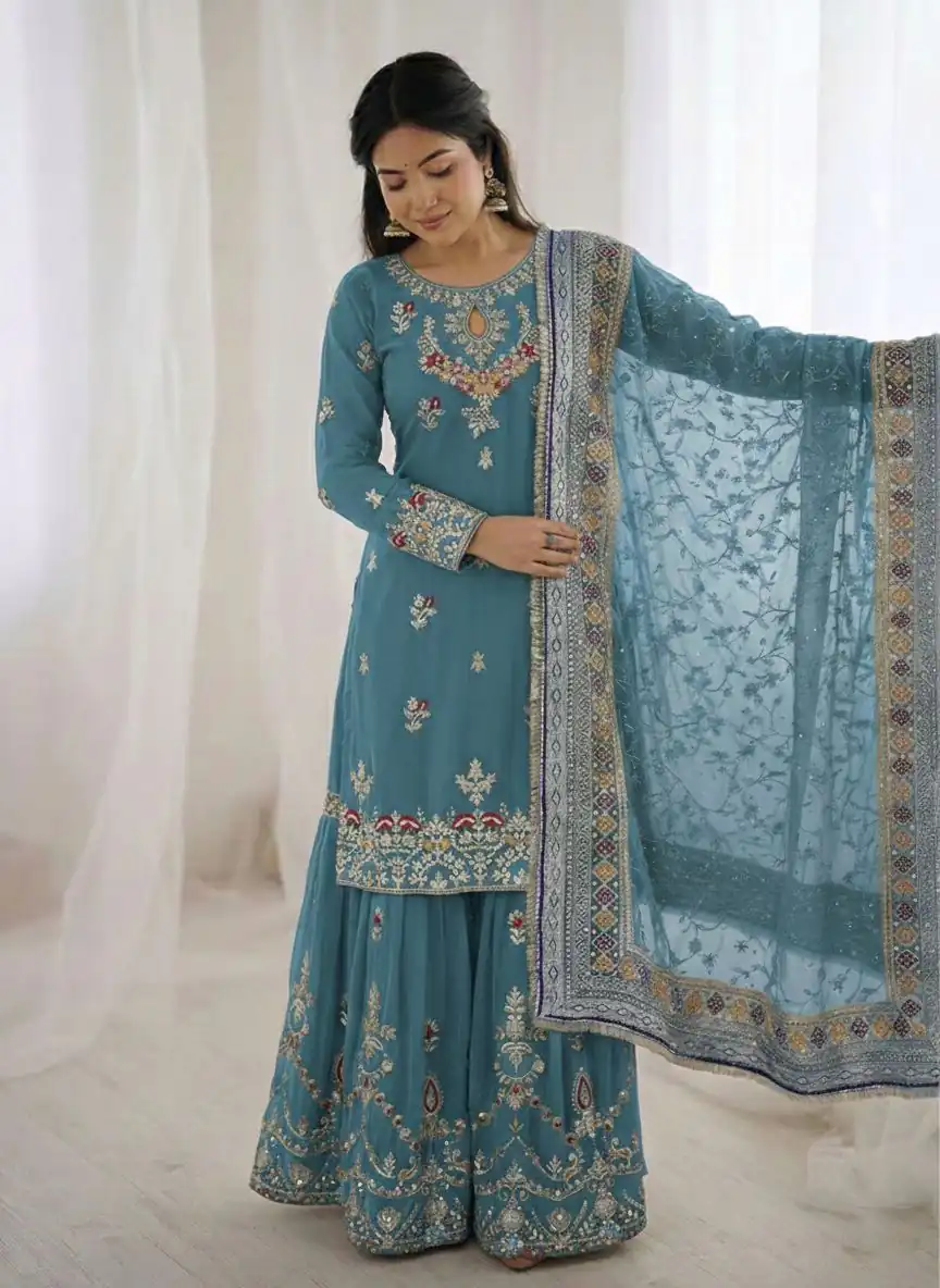 SSR 5007 Sky Blue Color Georgette Salwar Suit with Embroidery Work. Get it for ₹2449. Delivery 4-6 Working Days. Shop now. | Jump Suits, Straight Suits, Casual Suits, Creative suits, Designer Suits, Palazzo Suits, Party Wear Suits, Patiala Suits, Salwar suit