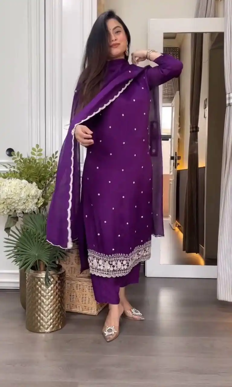 DC 98 Purple Color Chinon Silk Sawlar Suit with Embroidery Work. Exclusive Offer ₹1799. Delivery 4-6 Working Days. Shop now. | Jump Suits, Straight Suits, Casual Suits, Creative suits, Designer Suits, Palazzo Suits, Party Wear Suits, Patiala Suits, Salwar suit