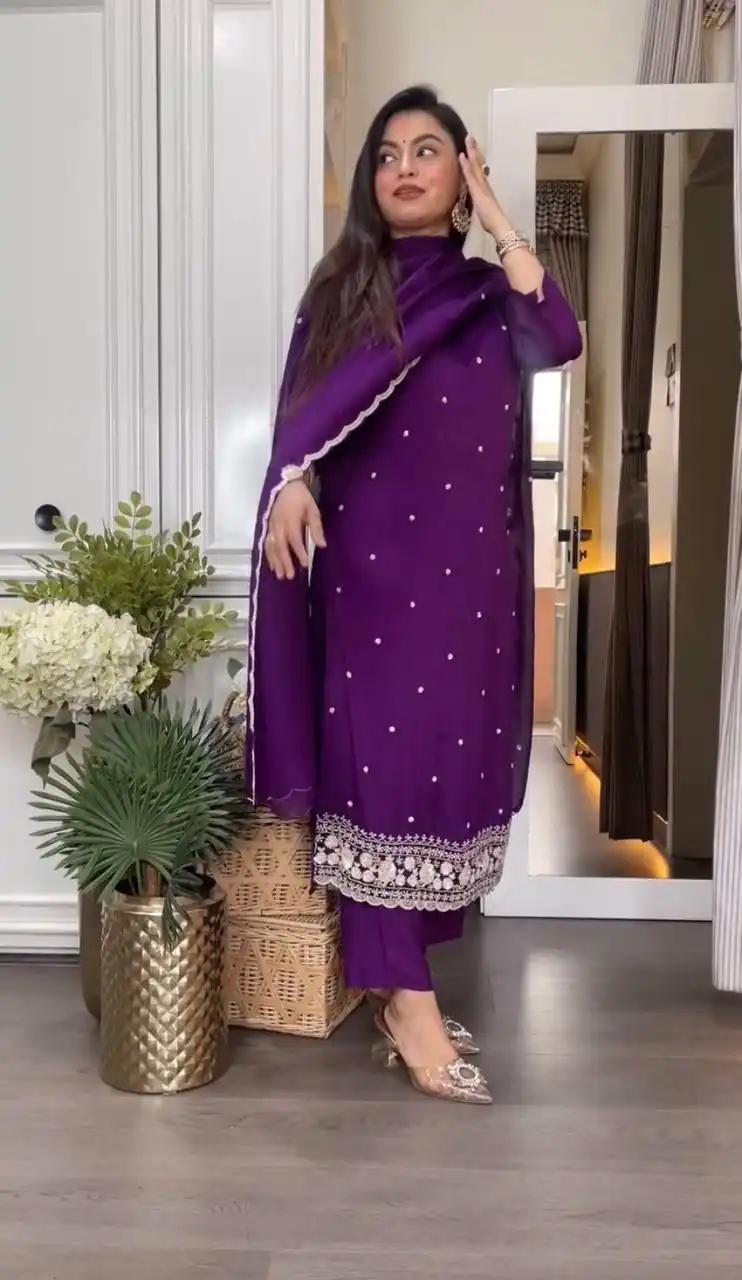 DC 98 Purple Color Chinon Silk Sawlar Suit with Embroidery Work. Exclusive Offer ₹1799. Delivery 4-6 Working Days. Shop now. | Jump Suits, Straight Suits, Casual Suits, Creative suits, Designer Suits, Palazzo Suits, Party Wear Suits, Patiala Suits, Salwar suit