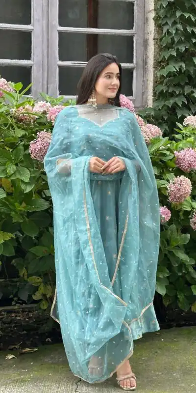 SSR 524 Sky Blue Color Vichitra silk Gown with Bead Work & Lace Work. Now at just ₹1999. Delivery 4-6 Working Days. Shop now. | Bollywood Gowns, Creative Gowns, Designer Gowns, Embroidered Gowns, Gowns, Party Wear Gowns