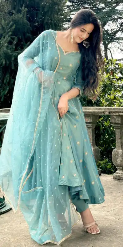 SSR 524 Sky Blue Color Vichitra silk Gown with Bead Work & Lace Work. Now at just ₹1999. Delivery 4-6 Working Days. Shop now. | Bollywood Gowns, Creative Gowns, Designer Gowns, Embroidered Gowns, Gowns, Party Wear Gowns
