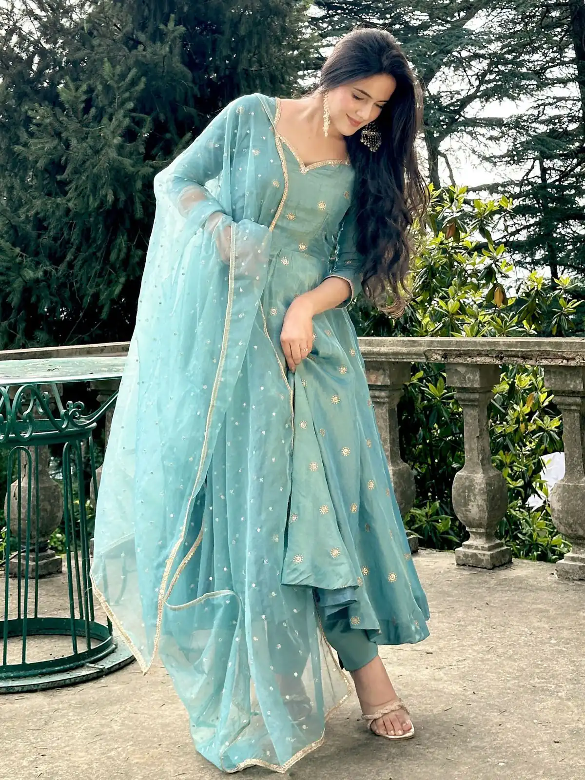 SSR 524 Sky Blue Color Vichitra silk Gown with Bead Work & Lace Work. Now at just ₹1999. Delivery 4-6 Working Days. Shop now. | Bollywood Gowns, Creative Gowns, Designer Gowns, Embroidered Gowns, Gowns, Party Wear Gowns