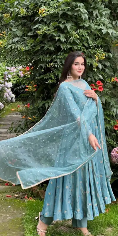 SSR 524 Sky Blue Color Vichitra silk Gown with Bead Work & Lace Work. Now at just ₹1999. Delivery 4-6 Working Days. Shop now. | Bollywood Gowns, Creative Gowns, Designer Gowns, Embroidered Gowns, Gowns, Party Wear Gowns