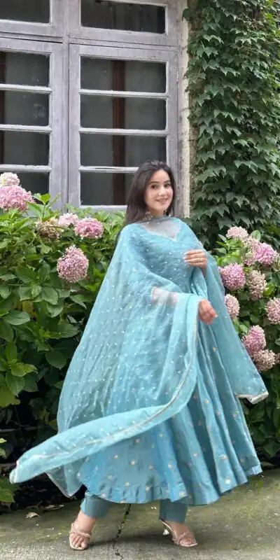 SSR 524 Sky Blue Color Vichitra silk Gown with Bead Work & Lace Work. Now at just ₹1999. Delivery 4-6 Working Days. Shop now. | Bollywood Gowns, Creative Gowns, Designer Gowns, Embroidered Gowns, Gowns, Party Wear Gowns