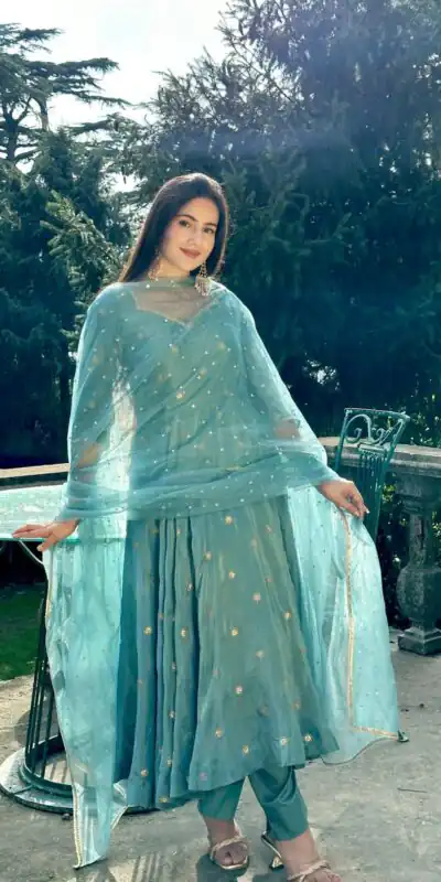 SSR 524 Sky Blue Color Vichitra silk Gown with Bead Work & Lace Work. Now at just ₹1999. Delivery 4-6 Working Days. Shop now. | Bollywood Gowns, Creative Gowns, Designer Gowns, Embroidered Gowns, Gowns, Party Wear Gowns