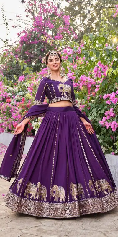 Ram 165 Dark Purple in Color Vichitra Silk Embroidery Work Lehenga Choli . Now at just ₹2599. Delivery 4-6 Working Days. Shop now. | Bollywood Lehenga, Creative Lehenga, Designer Lehenga, Embroidered Lehenga, Lehenga, Party Wear Lehenga