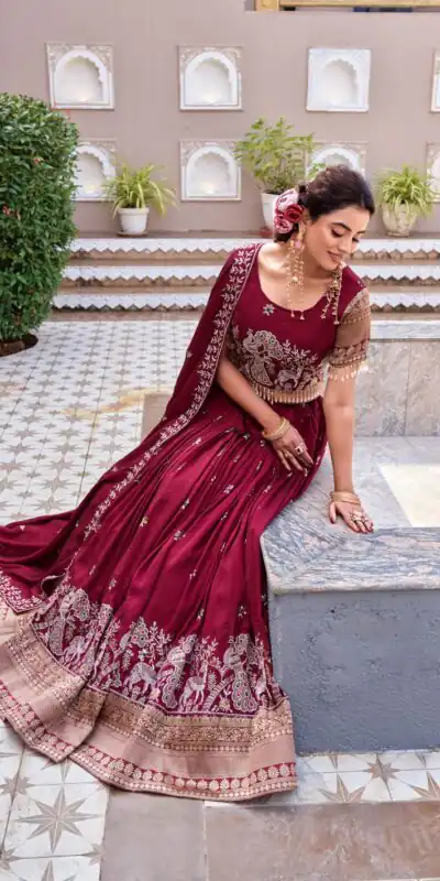 Ram 163 Maroon in Color Vichitra Silk Embroidery Work Lehenga Choli . Now at just ₹3049. Delivery 4-6 Working Days. Shop now. | Bollywood Lehenga, Creative Lehenga, Designer Lehenga, Embroidered Lehenga, Lehenga, Party Wear Lehenga
