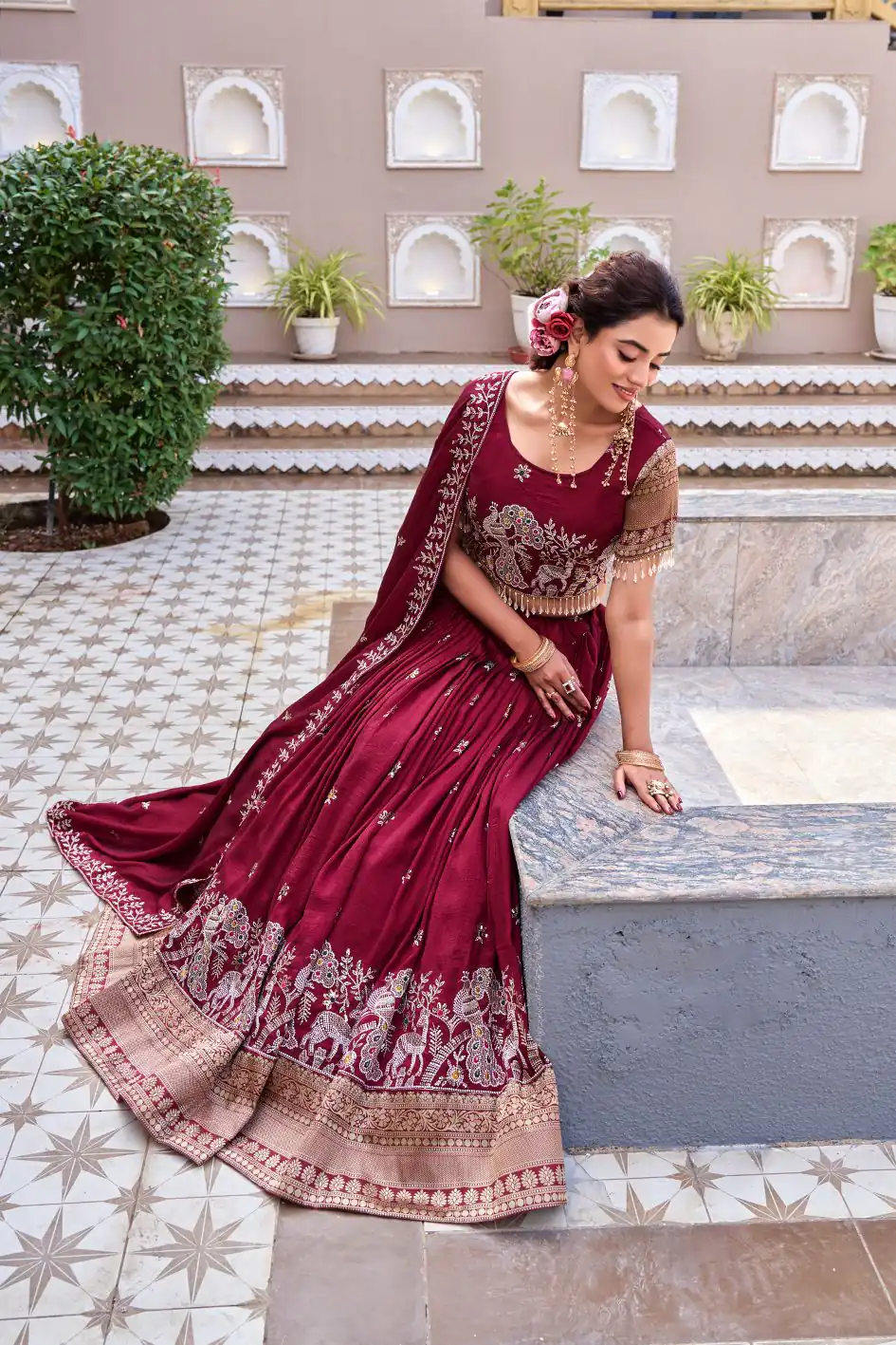 Ram 163 Maroon in Color Vichitra Silk Embroidery Work Lehenga Choli . Now at just ₹3049. Delivery 4-6 Working Days. Shop now. | Bollywood Lehenga, Creative Lehenga, Designer Lehenga, Embroidered Lehenga, Lehenga, Party Wear Lehenga