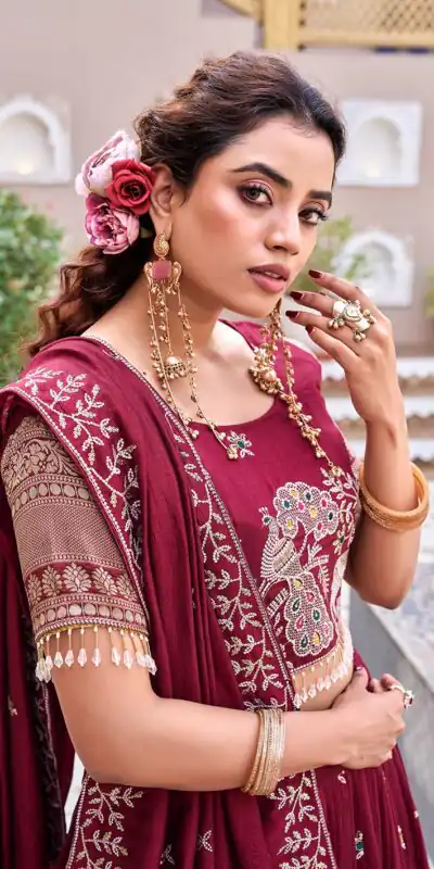 Ram 163 Maroon in Color Vichitra Silk Embroidery Work Lehenga Choli . Now at just ₹3049. Delivery 4-6 Working Days. Shop now. | Bollywood Lehenga, Creative Lehenga, Designer Lehenga, Embroidered Lehenga, Lehenga, Party Wear Lehenga