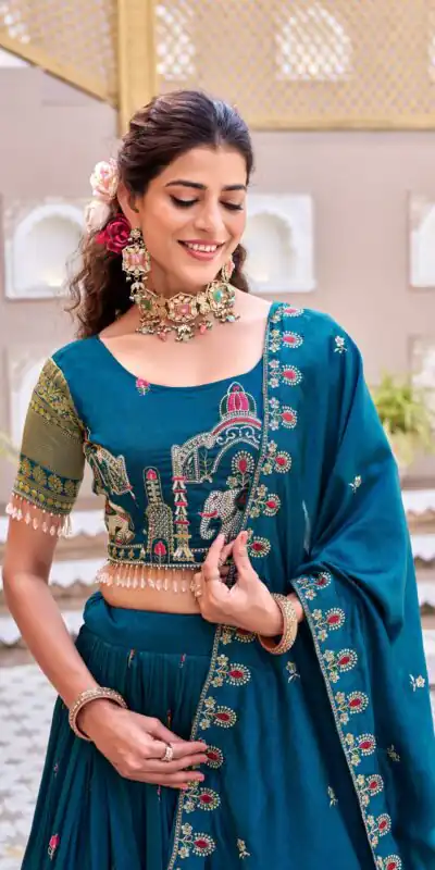 Ram 163 Teal in Color Vichitra Silk Embroidery Work Lehenga Choli . Now at just ₹3049. Delivery 4-6 Working Days. Shop now. | Bollywood Lehenga, Creative Lehenga, Designer Lehenga, Embroidered Lehenga, Lehenga, Party Wear Lehenga