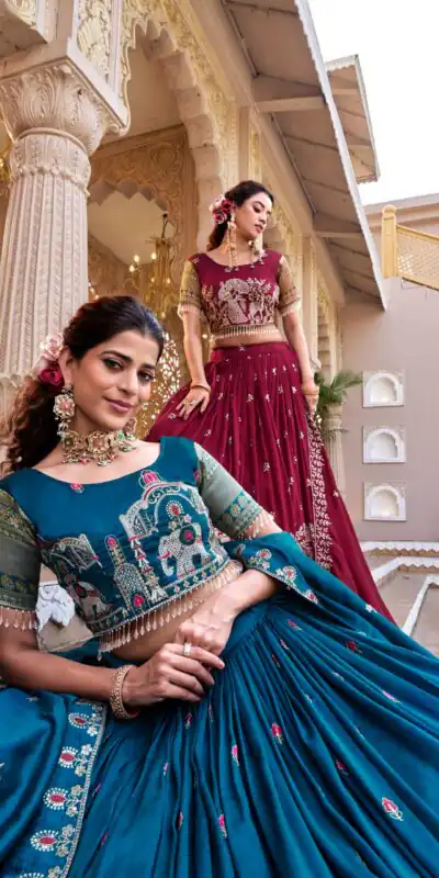 Ram 163 Teal in Color Vichitra Silk Embroidery Work Lehenga Choli . Now at just ₹3049. Delivery 4-6 Working Days. Shop now. | Bollywood Lehenga, Creative Lehenga, Designer Lehenga, Embroidered Lehenga, Lehenga, Party Wear Lehenga