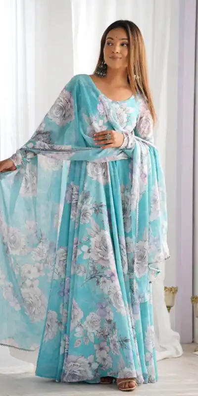 KB 292 Sky Blue Fox Georgette Gown Perfect for Wedding, Party, Ganesh Chaturthi, Haldi, Lohri – . Grab it for ₹1849. Delivery 4-6 Working Days. | Bollywood Gowns, Creative Gowns, Designer Gowns, Embroidered Gowns, Gowns, Party Wear Gowns
