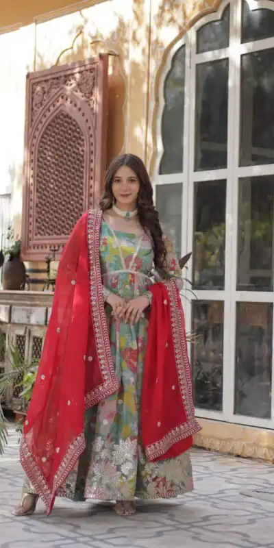 KA 1159 Sky Blue Russian Silk Gown Perfect for Wedding, Party, Ethnic Day, Haldi, Traditional Day – . Special Price ₹3149. Delivery 4-6 Working Day | Bollywood Gowns, Creative Gowns, Designer Gowns, Embroidered Gowns, Gowns, Party Wear Gowns