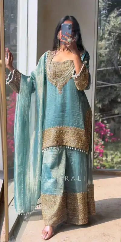 VLM 324 Firozi Fendy Silk Salwar Suit Perfect for Wedding, Party, Cultural Events, Sangeet, Housewarming – . Grab it for ₹2449. Delivery 4-6 Working Days | Jump Suits, Straight Suits, Casual Suits, Creative suits, Designer Suits, Palazzo Suits, Party Wear Suits, Patiala Suits, Salwar suit
