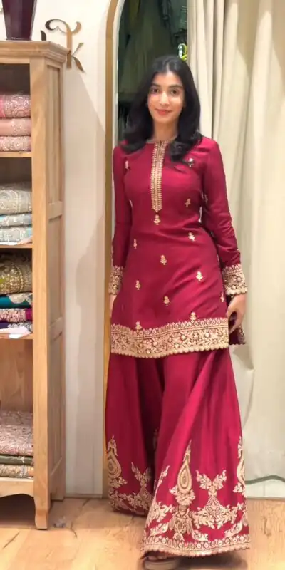 MF 501 Red Natural Crep Salwar Suit Brown with Embroidery Work. Exclusive Offer ₹2549. Delivery 4-6 Working Days. Shop now. | Jump Suits, Straight Suits, Casual Suits, Creative suits, Designer Suits, Palazzo Suits, Party Wear Suits, Patiala Suits, Salwar suit