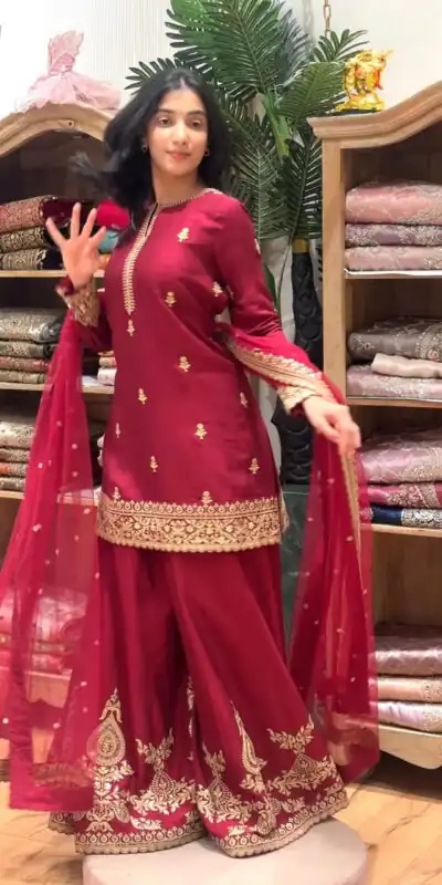 MF 501 Red Natural Crep Salwar Suit Brown with Embroidery Work. Exclusive Offer ₹2549. Delivery 4-6 Working Days. Shop now. | Jump Suits, Straight Suits, Casual Suits, Creative suits, Designer Suits, Palazzo Suits, Party Wear Suits, Patiala Suits, Salwar suit