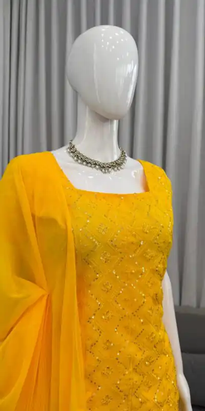 KD 1543 Yellow Faux Georgette Salwar Suit with Designer Work. Introductory Price ₹1949. Delivery 4-6 Working Days. Shop now. | Jump Suits, Straight Suits, Casual Suits, Creative suits, Designer Suits, Palazzo Suits, Party Wear Suits, Patiala Suits, Salwar suit