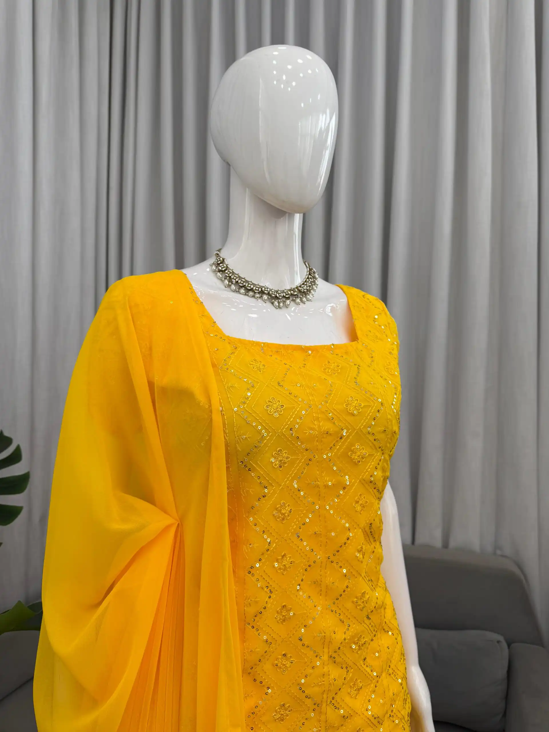 KD 1543 Yellow Faux Georgette Salwar Suit with Designer Work. Introductory Price ₹1949. Delivery 4-6 Working Days. Shop now. | Jump Suits, Straight Suits, Casual Suits, Creative suits, Designer Suits, Palazzo Suits, Party Wear Suits, Patiala Suits, Salwar suit
