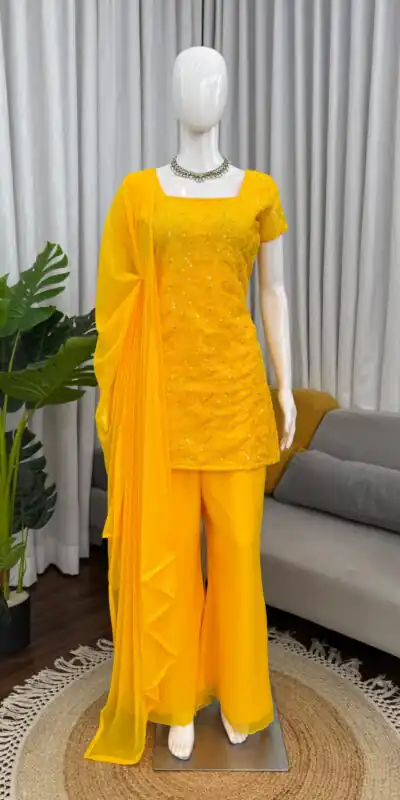 KD 1543 Yellow Faux Georgette Salwar Suit with Designer Work. Introductory Price ₹1949. Delivery 4-6 Working Days. Shop now. | Jump Suits, Straight Suits, Casual Suits, Creative suits, Designer Suits, Palazzo Suits, Party Wear Suits, Patiala Suits, Salwar suit