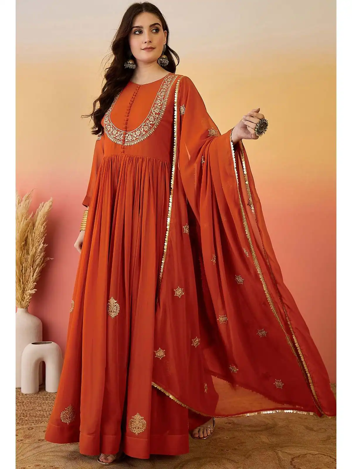 ZF 501 Rust Color Fox Blooming Georgette Gown with Lace Work. Affordable Price ₹2149. Delivery 4-6 Working Days. Shop now. | Bollywood Gowns, Creative Gowns, Designer Gowns, Embroidered Gowns, Gowns, Party Wear Gowns