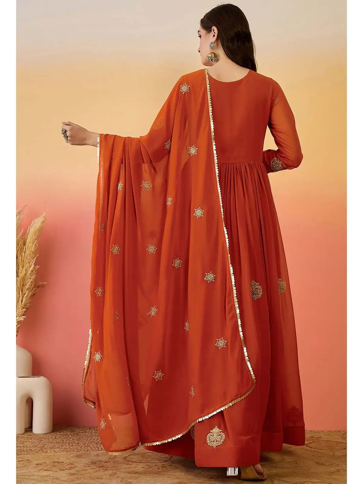 ZF 501 Rust Color Fox Blooming Georgette Gown with Lace Work. Affordable Price ₹2149. Delivery 4-6 Working Days. Shop now. | Bollywood Gowns, Creative Gowns, Designer Gowns, Embroidered Gowns, Gowns, Party Wear Gowns