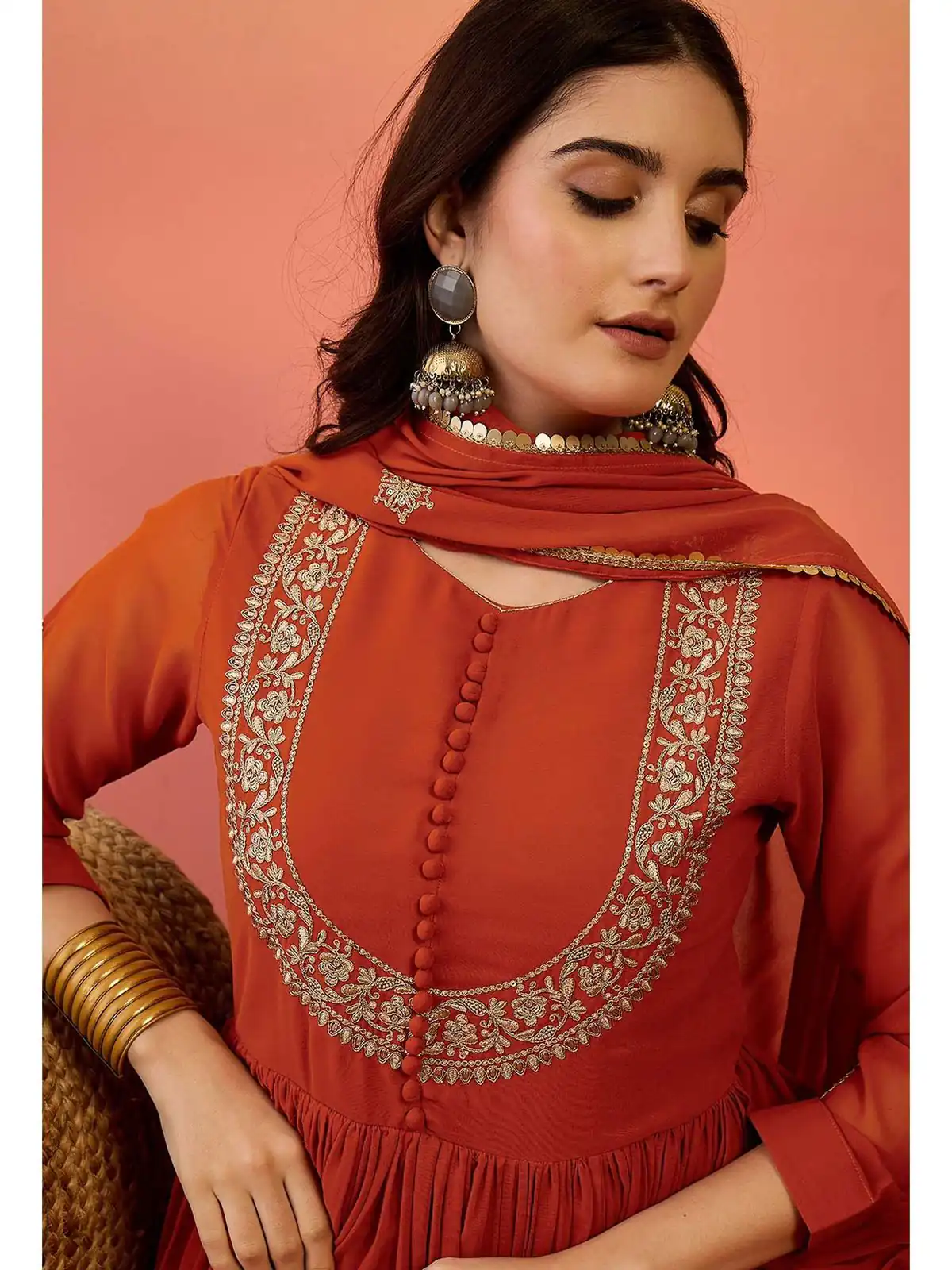 ZF 501 Rust Color Fox Blooming Georgette Gown with Lace Work. Affordable Price ₹2149. Delivery 4-6 Working Days. Shop now. | Bollywood Gowns, Creative Gowns, Designer Gowns, Embroidered Gowns, Gowns, Party Wear Gowns