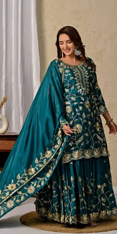 MD 3057 Teal Chinon Silk Salwar Suit with Embroidery Work & Lace Work. Affordable Price ₹2149. Delivery 4-6 Working Days. Shop now. | Jump Suits, Straight Suits, Creative suits, Designer Suits, Palazzo Suits, Party Wear Suits, Patiala Suits, Salwar suit