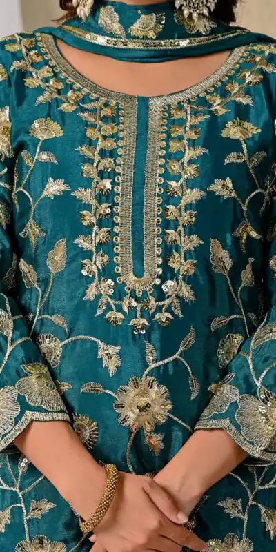 MD 3057 Teal Chinon Silk Salwar Suit with Embroidery Work & Lace Work. Affordable Price ₹2149. Delivery 4-6 Working Days. Shop now. | Jump Suits, Straight Suits, Creative suits, Designer Suits, Palazzo Suits, Party Wear Suits, Patiala Suits, Salwar suit