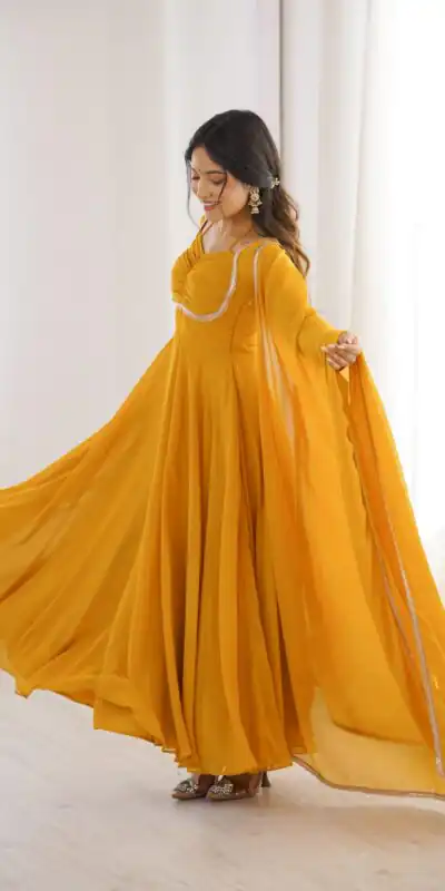 KB 291 Yellow Color Fox Blooming Georgette Gown with Lace Work. Affordable Price ₹1899. Delivery 4-6 Working Days. Shop now. | Bollywood Gowns, Creative Gowns, Designer Gowns, Embroidered Gowns, Gowns, Party Wear Gowns