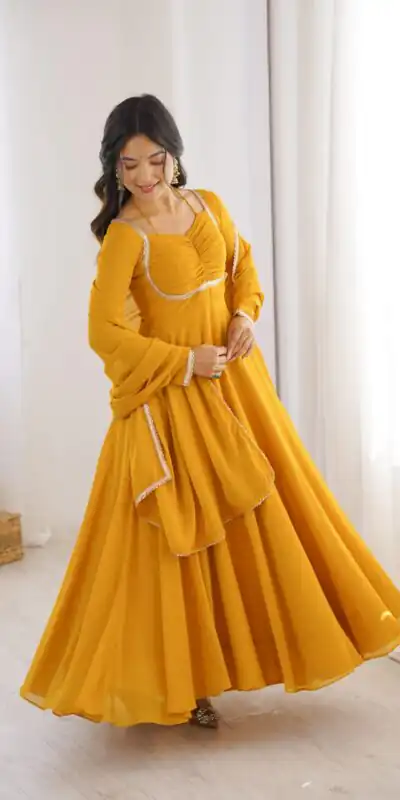 KB 291 Yellow Color Fox Blooming Georgette Gown with Lace Work. Affordable Price ₹1899. Delivery 4-6 Working Days. Shop now. | Bollywood Gowns, Creative Gowns, Designer Gowns, Embroidered Gowns, Gowns, Party Wear Gowns