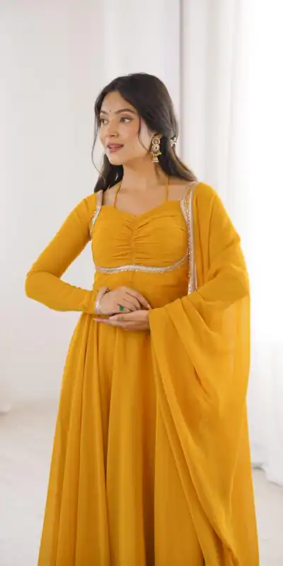 KB 291 Yellow Color Fox Blooming Georgette Gown with Lace Work. Affordable Price ₹1899. Delivery 4-6 Working Days. Shop now. | Bollywood Gowns, Creative Gowns, Designer Gowns, Embroidered Gowns, Gowns, Party Wear Gowns