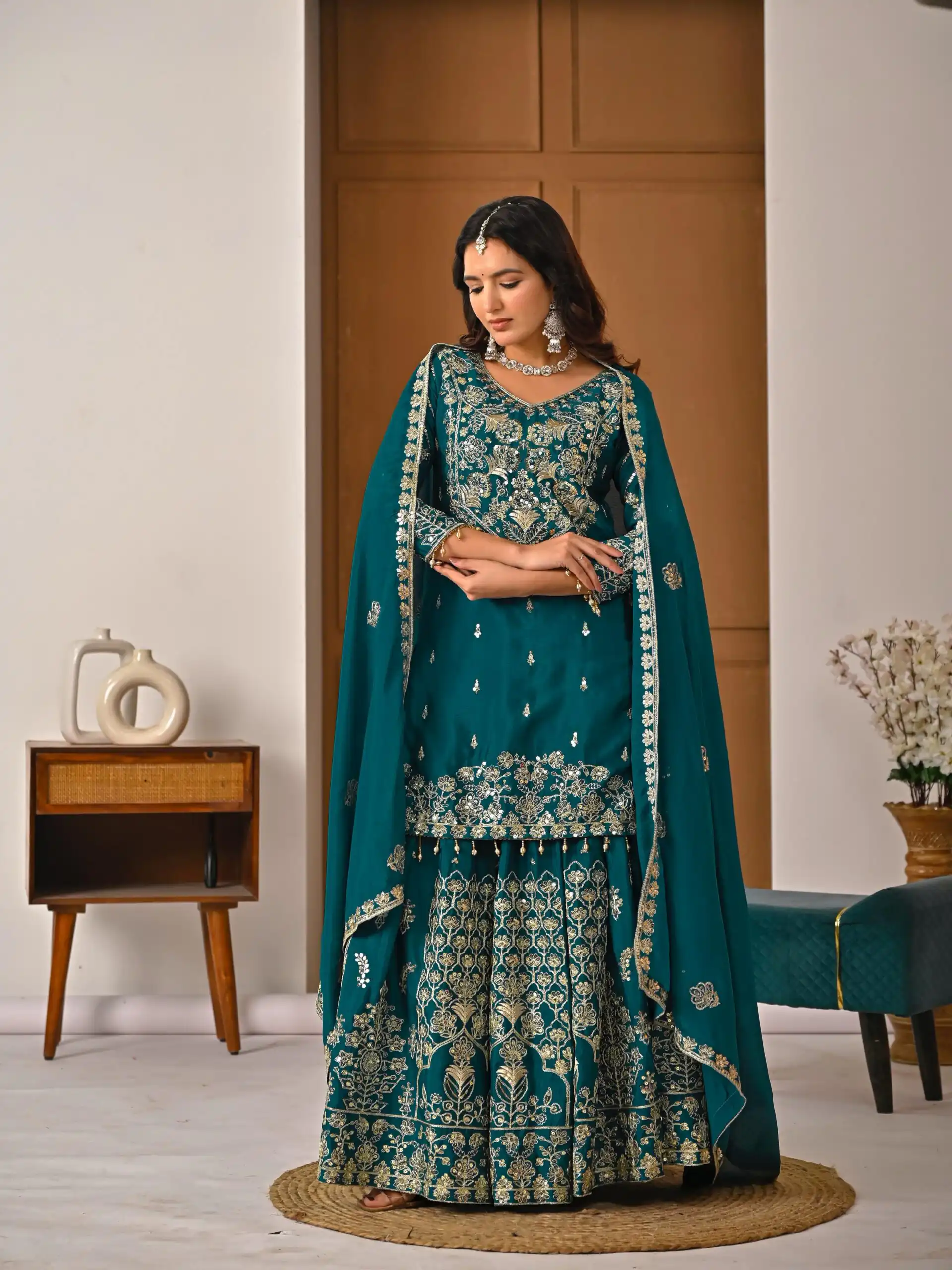 NF 1245 Teal Chinon Silk Lehenga Choli with Embroidery Work & Zari Work. Now at just ₹2449. Delivery 4-6 Working Days. Shop now. | Bollywood Lehenga, Creative Lehenga, Designer Lehenga, Embroidered Lehenga, Lehenga, Party Wear Lehenga