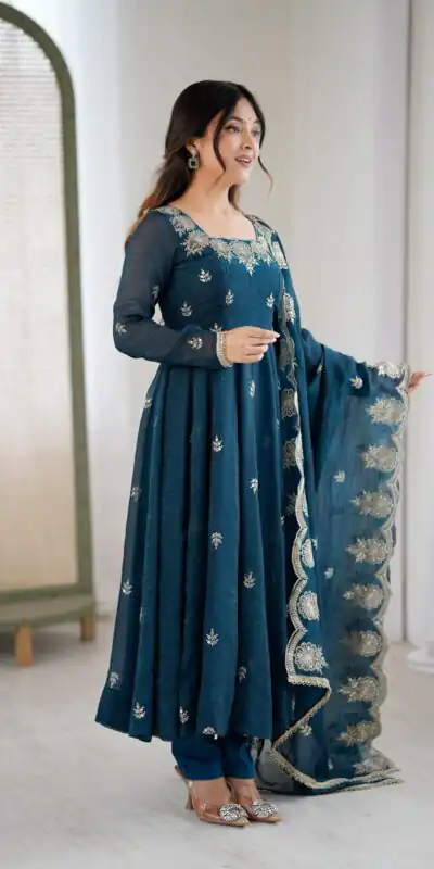 ZF 5011 Teal Crunchy Silk Gown with Embroidery Work. Wedding, Party, Festive, Events Best Price ₹2099. Delivery 4-6 Working Days. Shop now. | Bollywood Gowns, Creative Gowns, Designer Gowns, Embroidered Gowns, Gowns, Party Wear Gowns