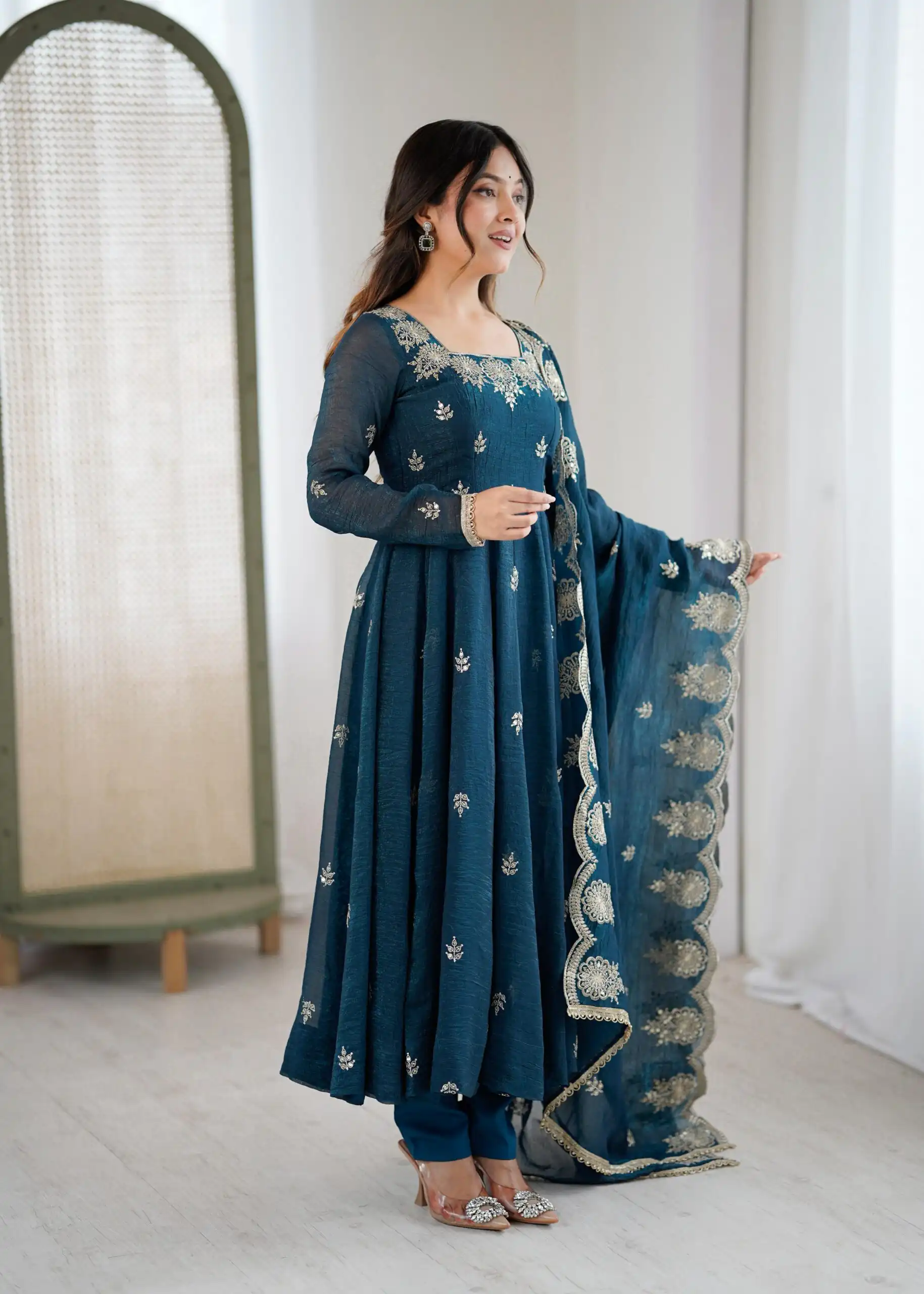 Teal Crunchy Silk Embroidery Work Gown