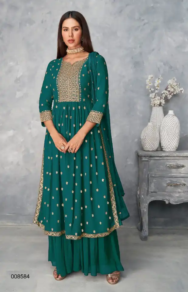 DS A 8584 Teal Color Georgette Salwar Suit with Embroidery Work. Special Price ₹1899. Delivery 4-6 Working Days. Shop now. | Jump Suits, Straight Suits, Casual Suits, Creative suits, Designer Suits, Palazzo Suits, Party Wear Suits, Patiala Suits, Salwar suit