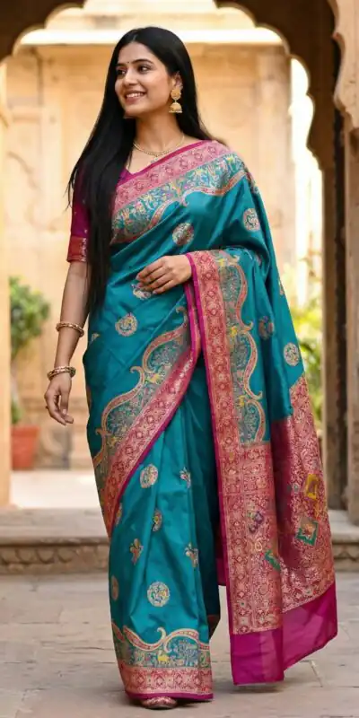 MB 50 Teal Pashmina Silk Saree with Lace Work & Lace Border. Online Festive Deal ₹2399. Delivery 4-6 Working Days. Shop now. | Bollywood Sarees, Creative Sarees, Designer Sarees, Embroidered Sarees, Ethnic Saree, Modern Digital sarees, Party Wear Sarees, Sarees