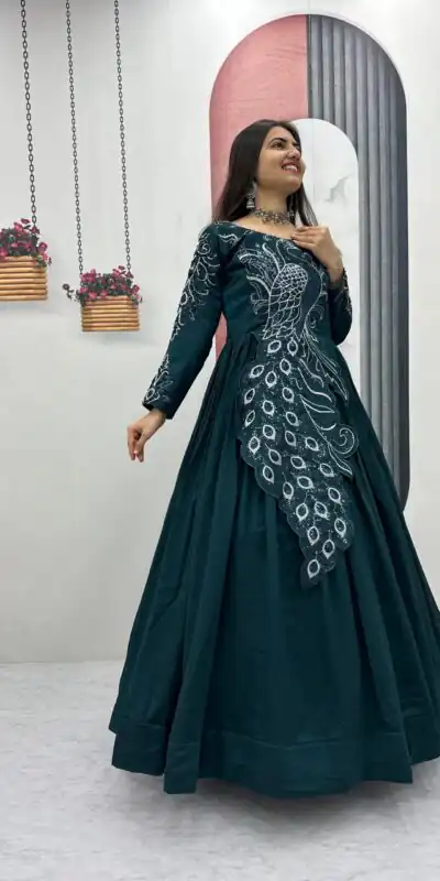 PC 564 Teal Vichitra Silk Gown Perfect for Wedding, Party, Holi, Anniversary, Mehendi –. Grab it for ₹2049. Delivery 4-6 Working Days. Shop now. | Bollywood Gowns, Creative Gowns, Designer Gowns, Embroidered Gowns, Gowns, Party Wear Gowns